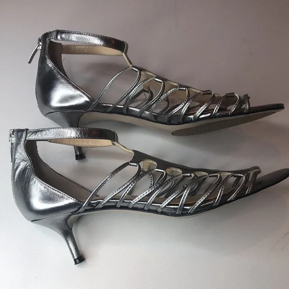 Enzo Angiolini Silver Strappy Leather Heels Elegant Design  Zipper Back 7 1/2M - Picture 3 of 15